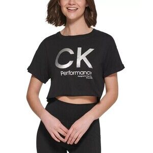 Calvin Klein Performance Women's T-Shirt Cropped Top Logo Black Silver Combo XL